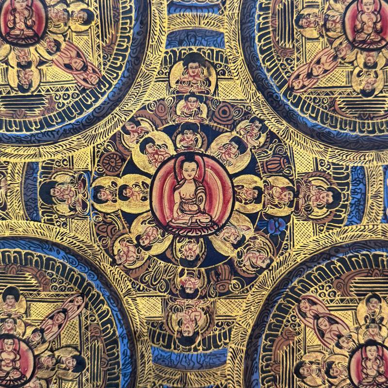 Vijf Dhyani Boeddha’s afgebeeld in Vajradhatu mandala thangka