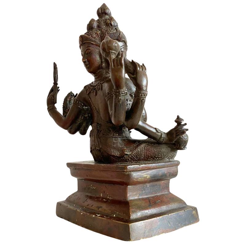 Antieke vierkoppige Brahma-sculptuur in brons met natuurlijke patina